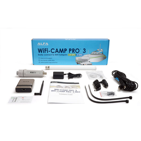 Alfa WiFi Camp Pro 3 Komplett-Set mit Router, Außenantenne, Kabeln und 12V-Autoadapter