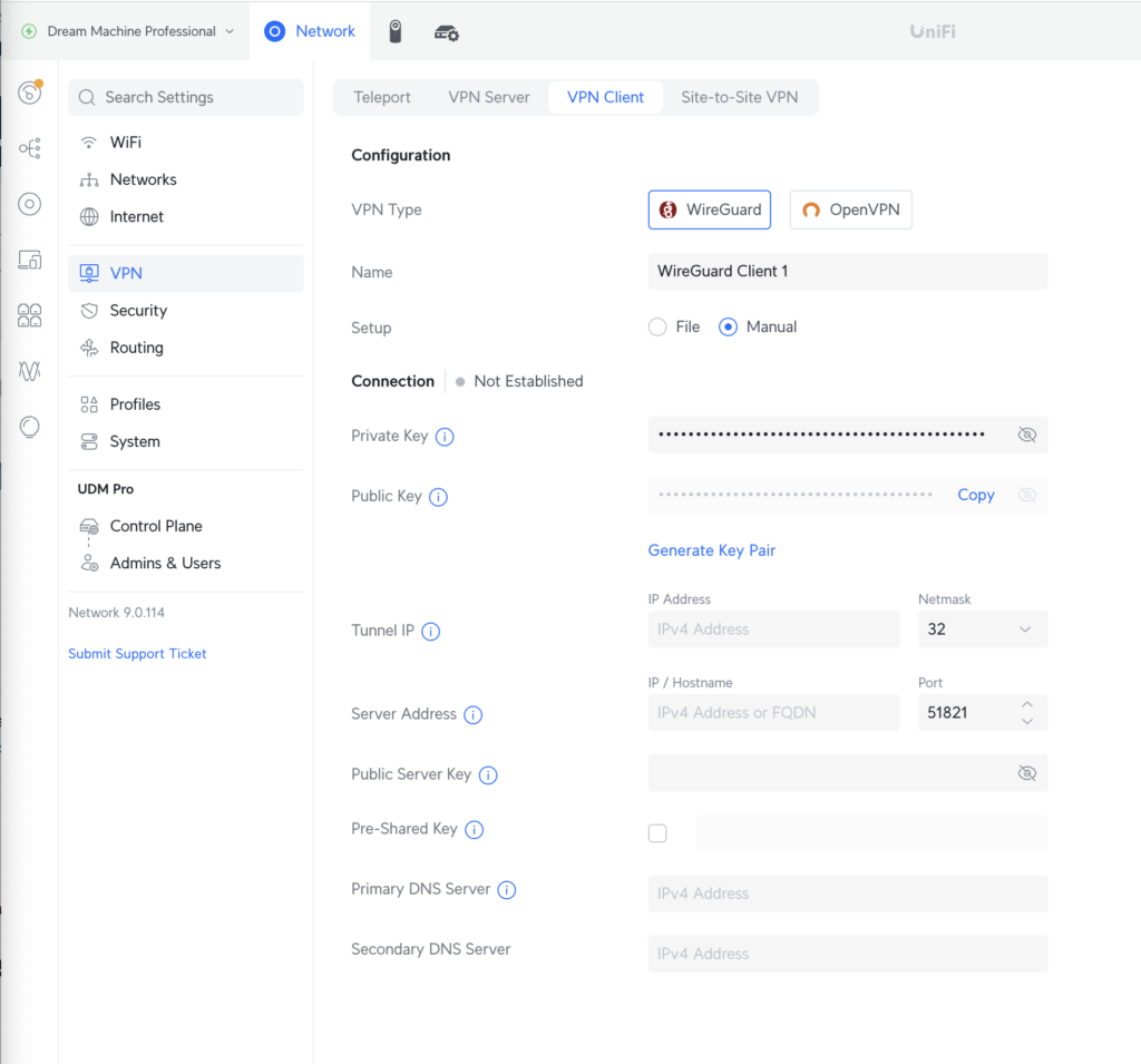 UniFi Controller VPN Client Einstellungen